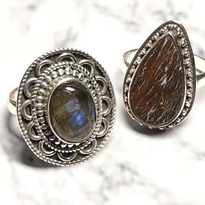 Sterling Silver Labradorite and Boulder Opal Ring Lot of 2 Size 7